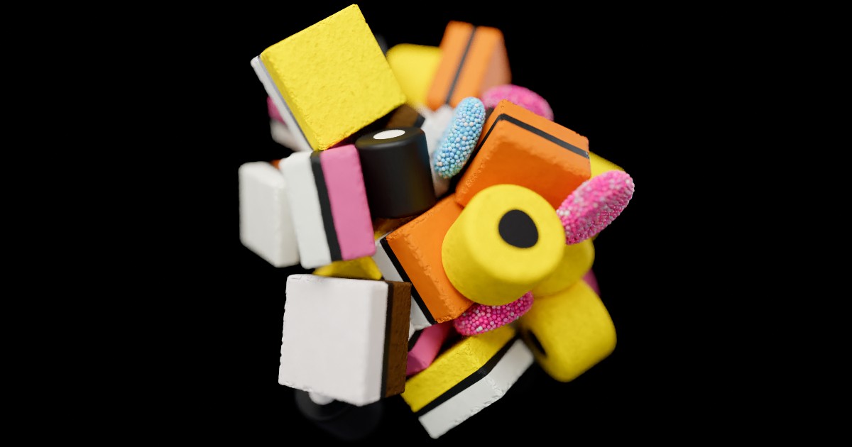 I made a little playground where you can arrange 3D liquorice allsorts and save your own wallpaper